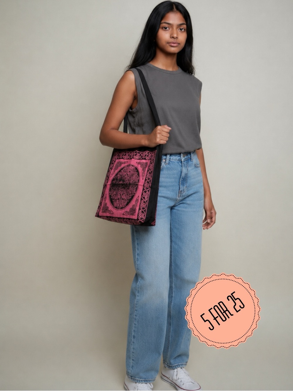 Celtic Knot Pink & Black Cotton Tote Bag Boho Festival Witchy Market Bag